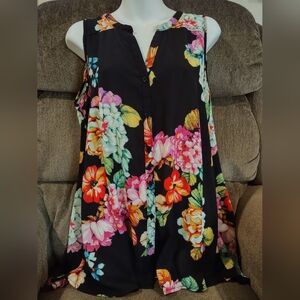 Spense Colorful Tropical Floral Art V Neck Button Down Tunic Top Shirt Blouse
